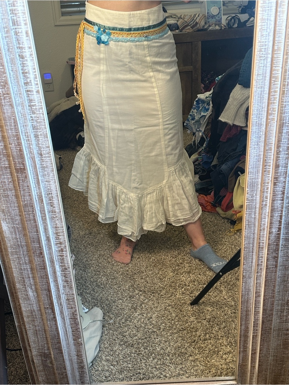 Free People Bohoβ White Cotton Blend Mermaid Maxi Skirt with Ruffle Hem